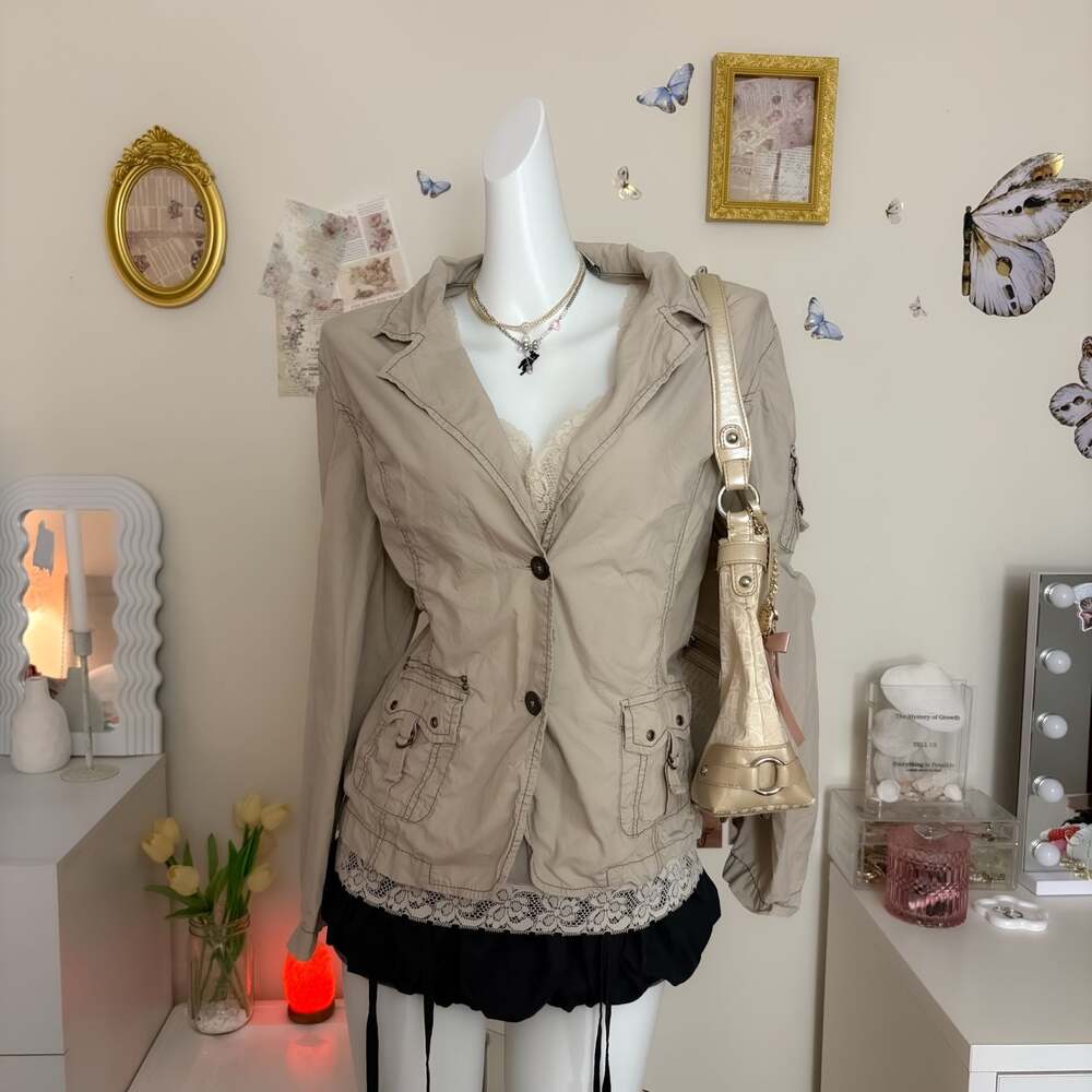 Chicos Vintage Y2K Khaki Tan Cargo Utility Jacket Blazer Top Women Size L XL Poc